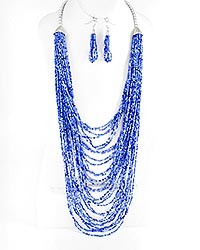 Necklace and Earring Set - Multi Row Blue Bead