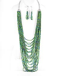 Necklace and Earring Set - Multi Row Green Bead