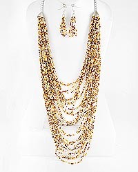 Necklace and Earring Set - Multi Row Ivory and Brown Bead