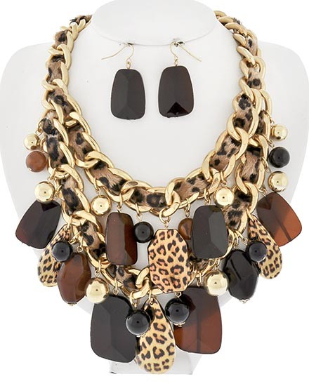 Necklace and Earring Set - Gold and Leopard
