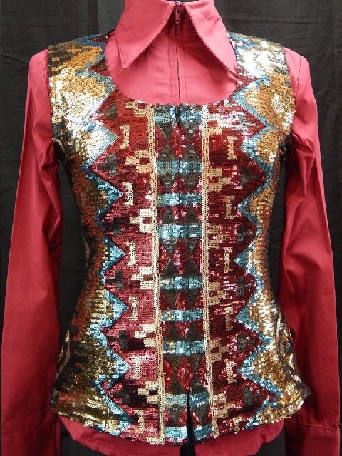 MKC Aztec Sequin Vest - Gold, Turquoise, and Burgundy