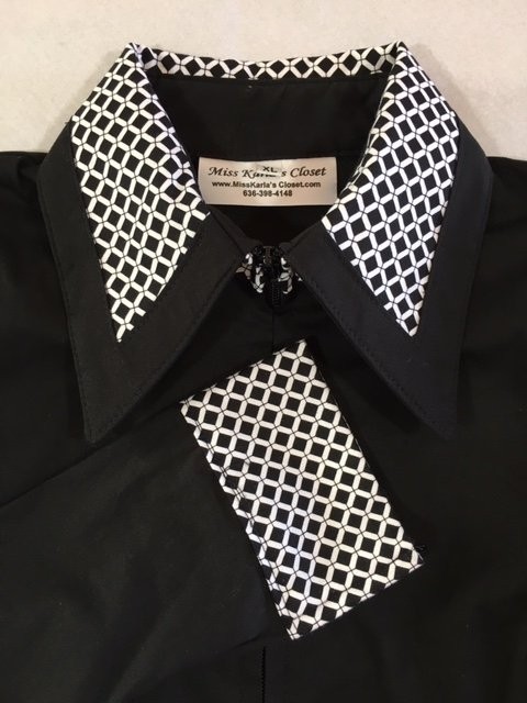 Miss Karla's Closet Fitted Show Shirt - Black with White and Black Square Accents on the Cuffs and Collar