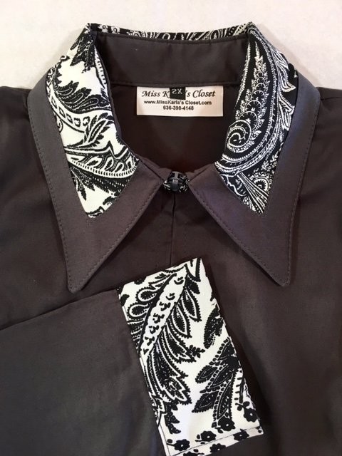 Miss Karla's Closet Fitted Show Shirt - Dark Silver with Black and White Paisley Accents on the Cuffs and Collar