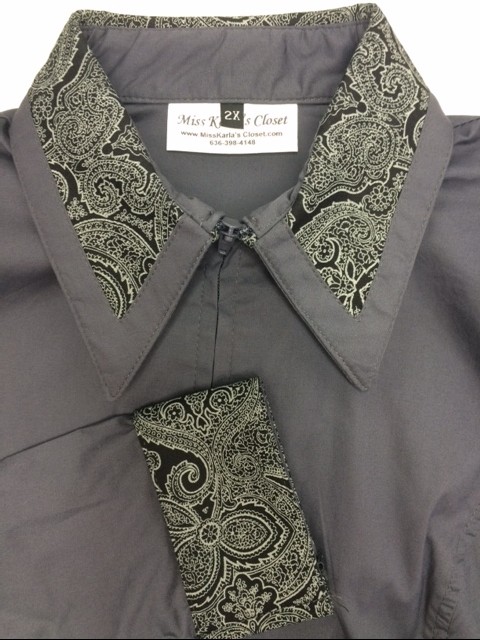 Miss Karla's Closet Fitted Show Shirt -Dark Silver with Gray Paisley Cuffs and Collar