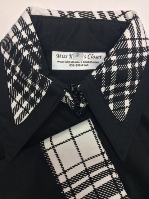 Miss Karla's Closet Fitted Show Shirt - Black with Black and White Plaid Cuffs and Collar