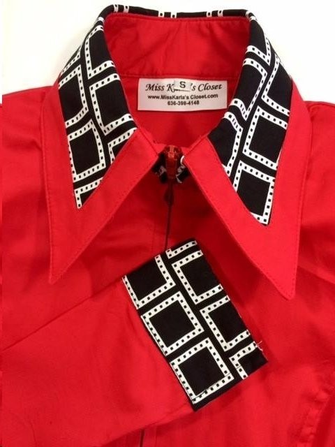 Miss Karla's Closet Fitted Show Shirt - Red with Black and White Large Square Cuffs and Collar