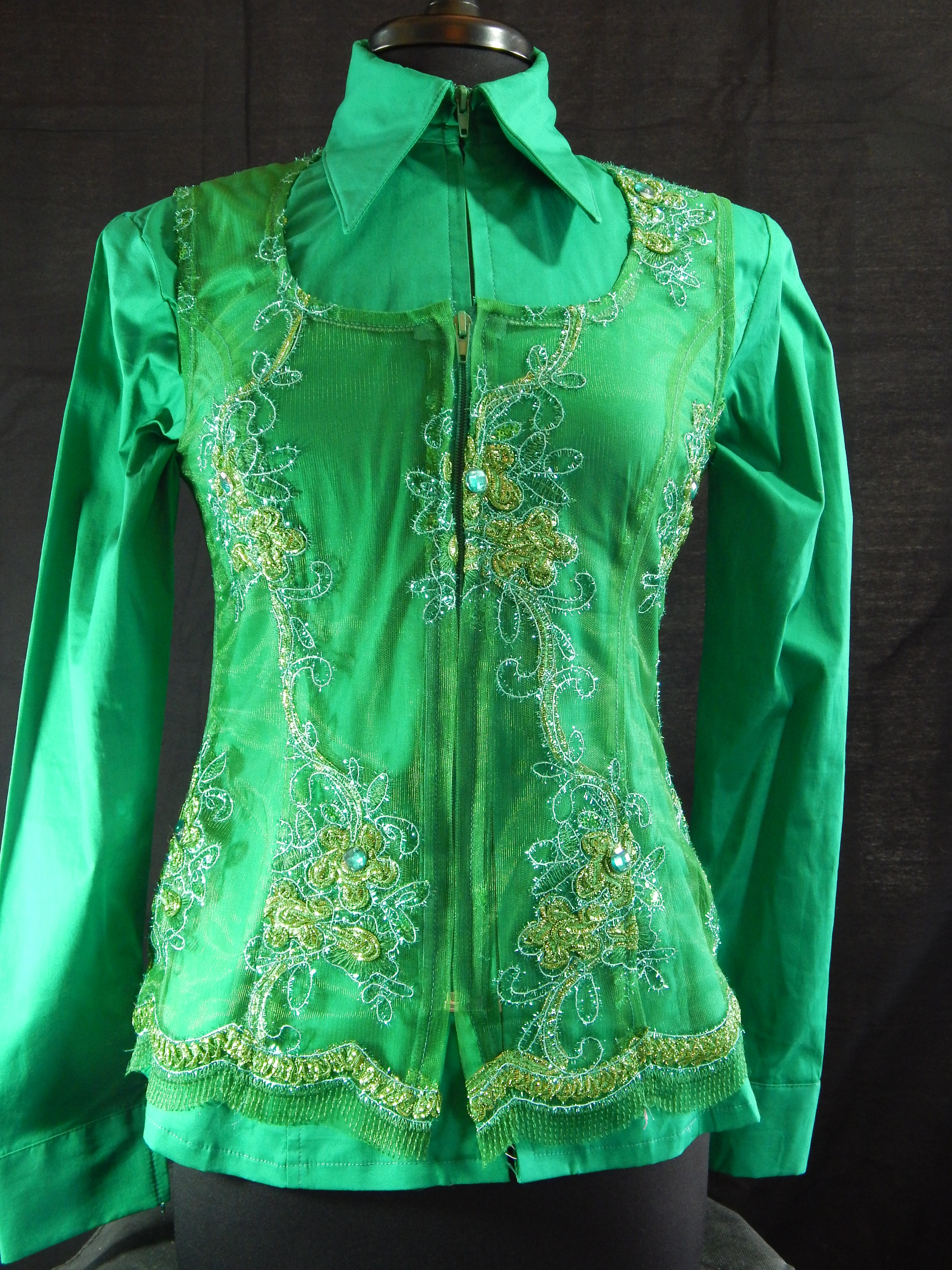 MKC Lace Horse Show Vest - Emerald base with Gold Floral