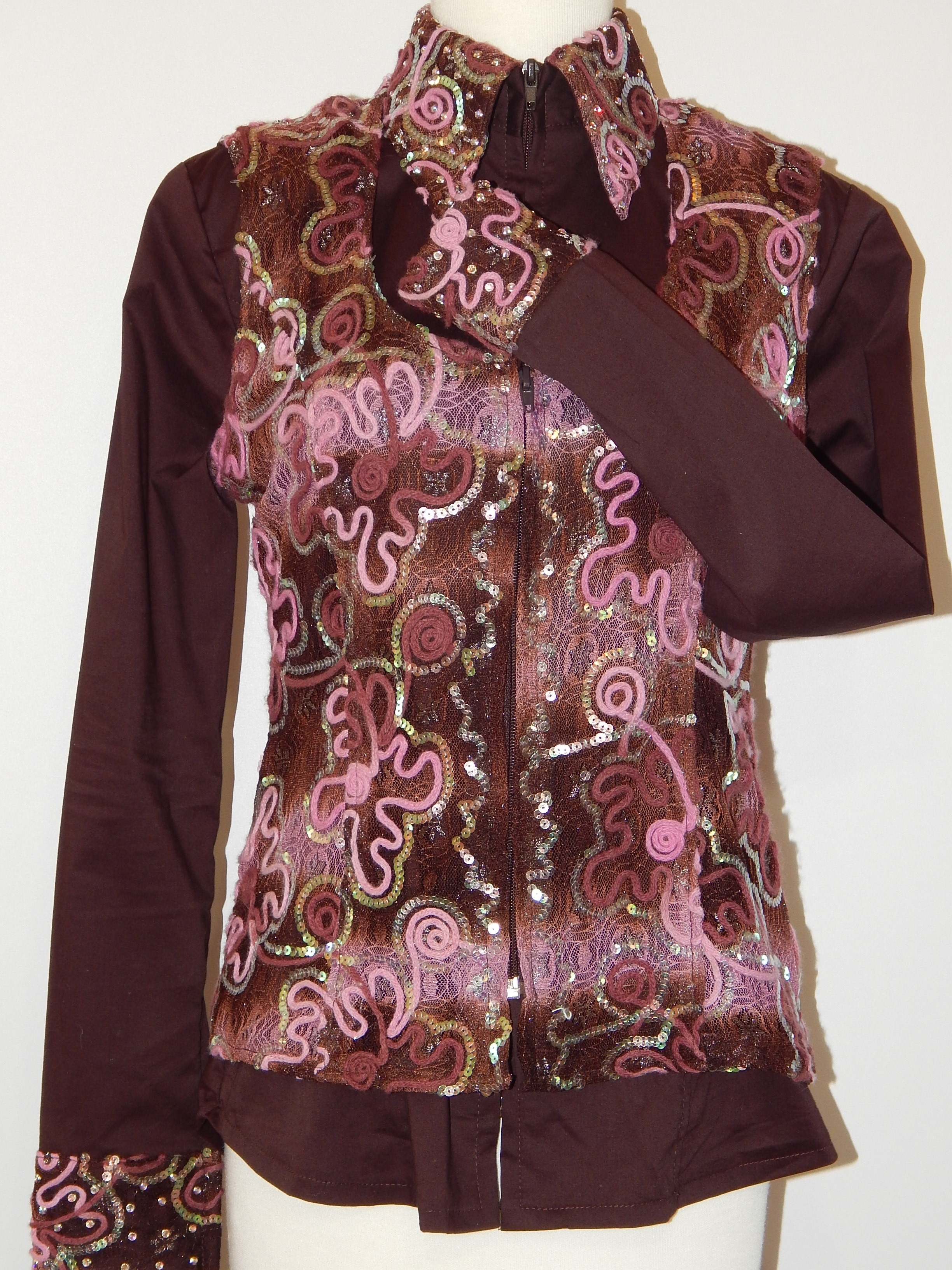 MKC Dark Brown Fitted Show Shirt with Jewels and Applique on Collar and Cuffs
