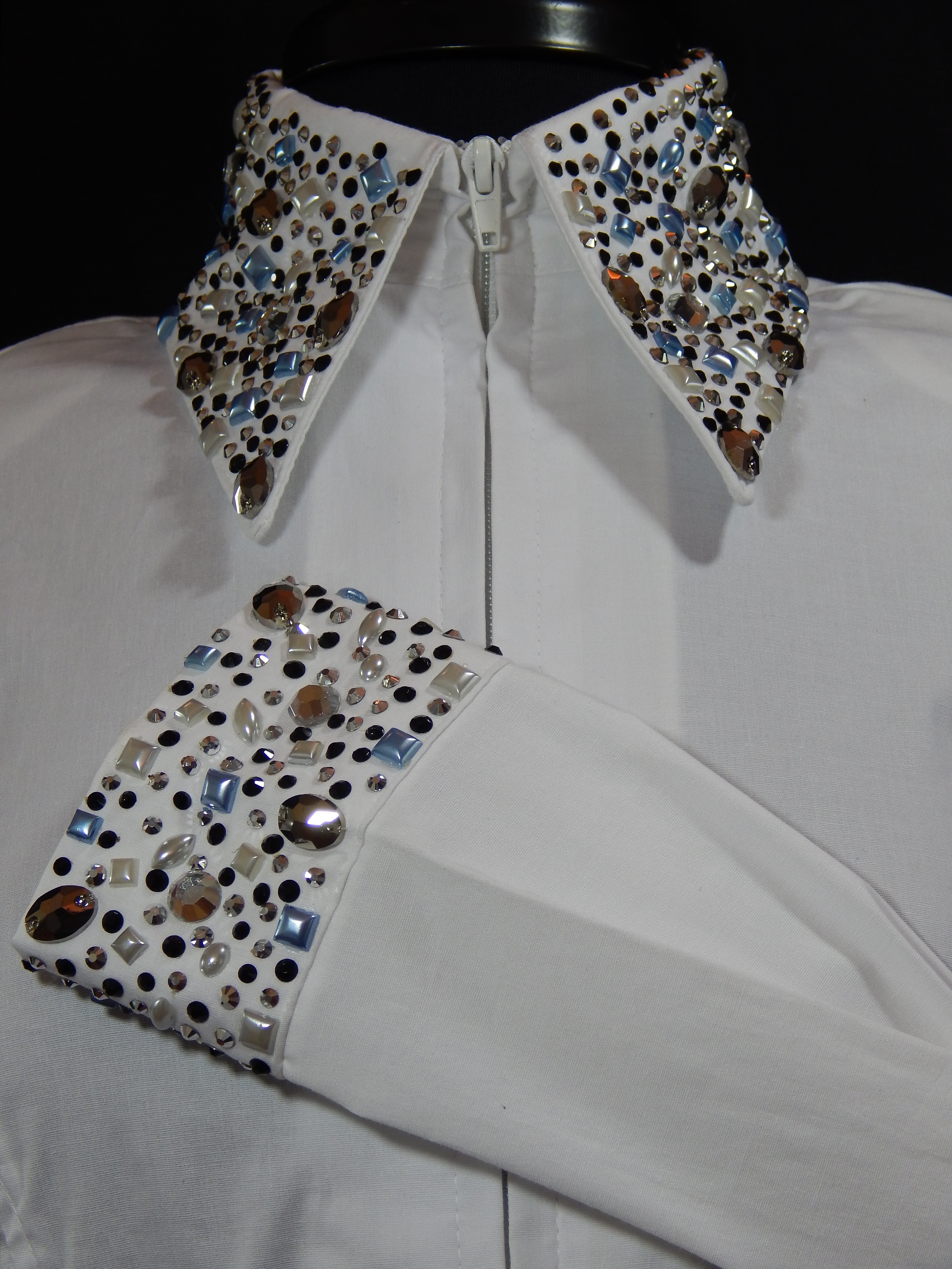 MKC White Fitted Show Shirt with Jewels and Pearls on Collar and Cuffs