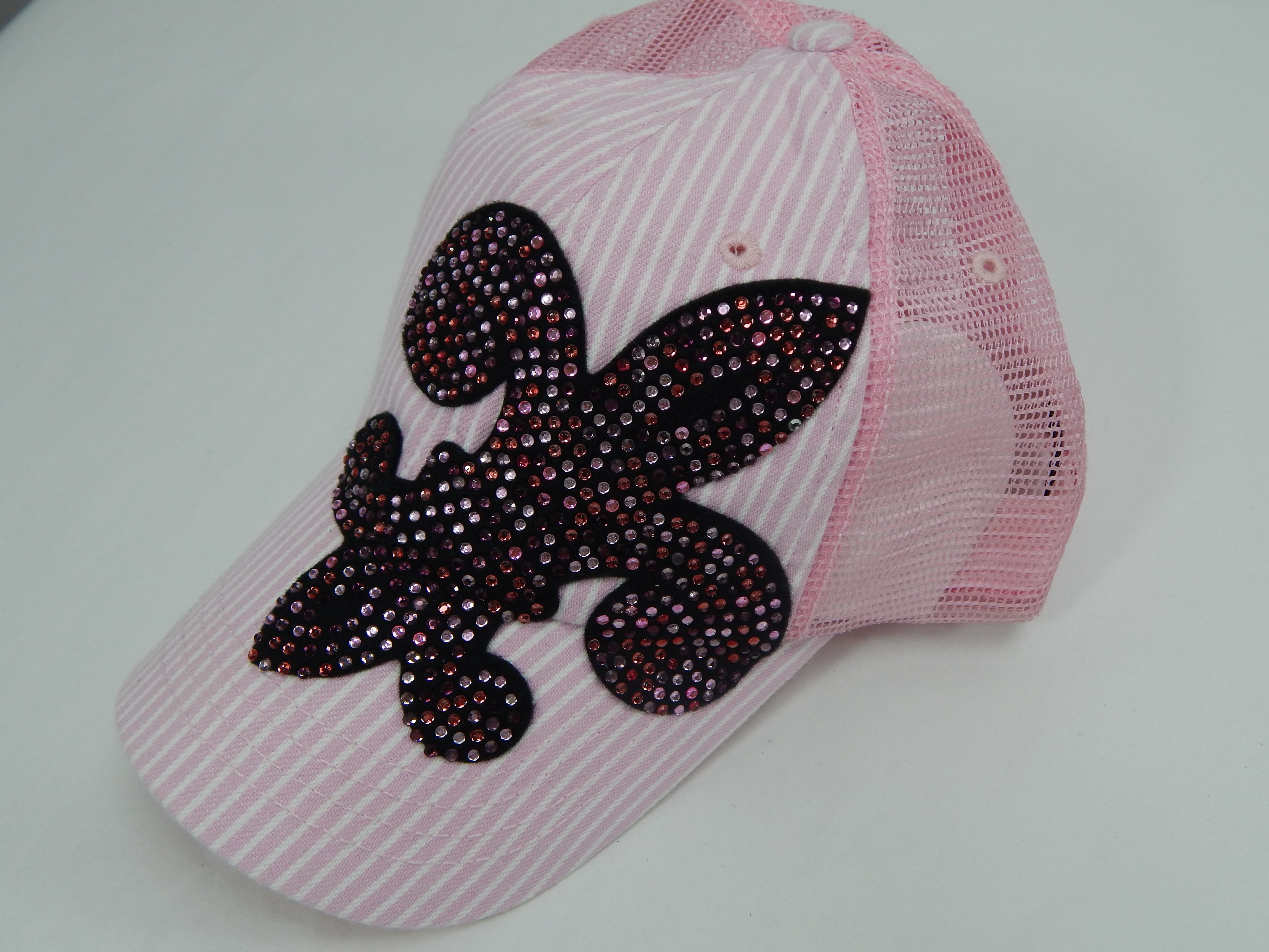 Olive and Pique Hat - Pink Pin Stripe with Rhinestone Fleur de Lis